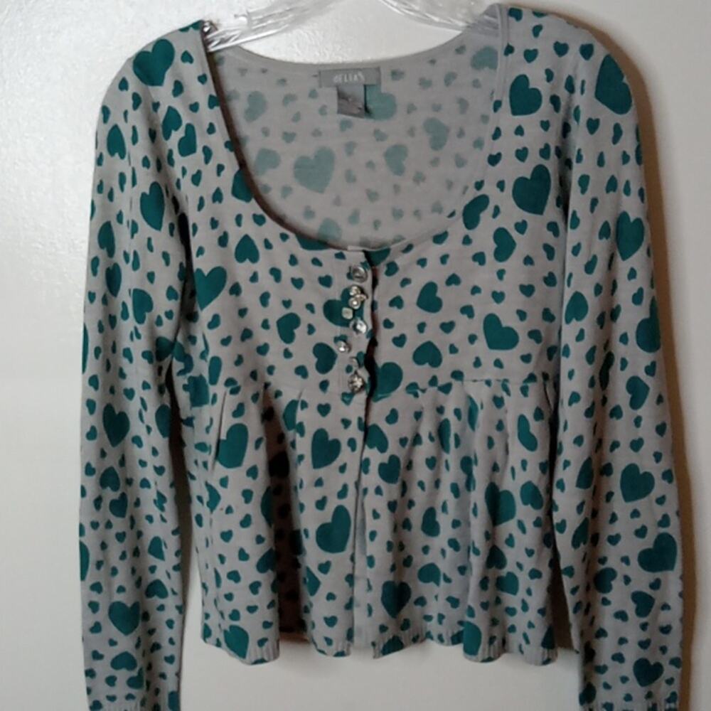 Delias Women's Grey sweater with turquoise Hearts Medium Baby doll. Athleisure